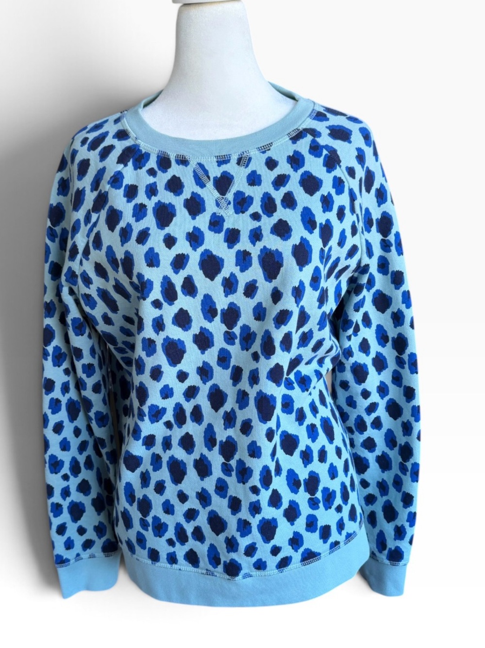 Boden Blue & Navy Leopard-Print Crewneck Sweater Sz M